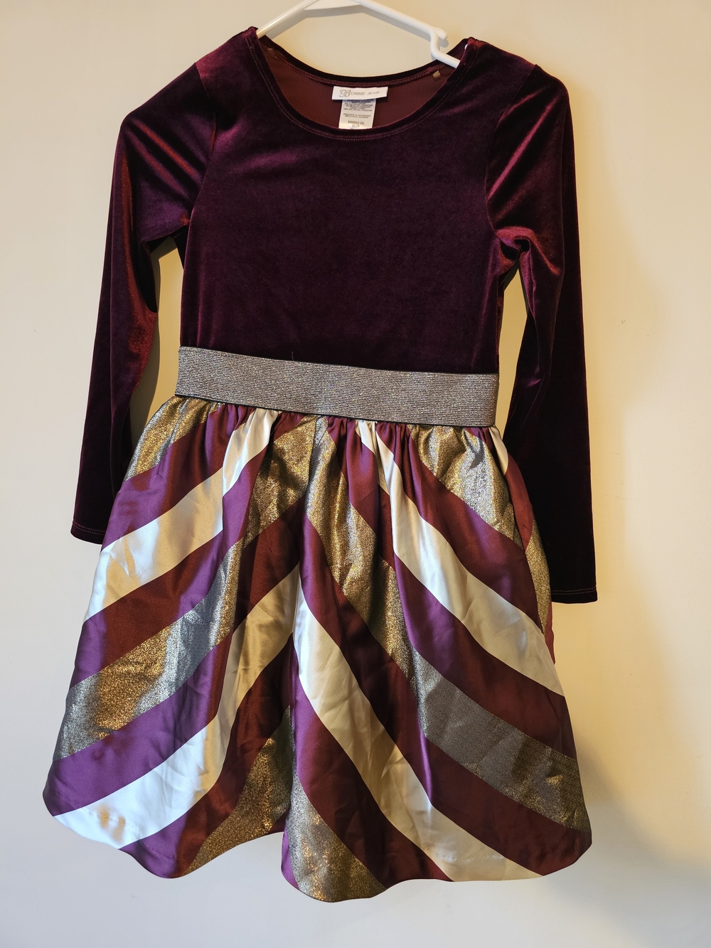 Bonnie Jean Velvet Burgundy and Gold Striped Party Dress 12